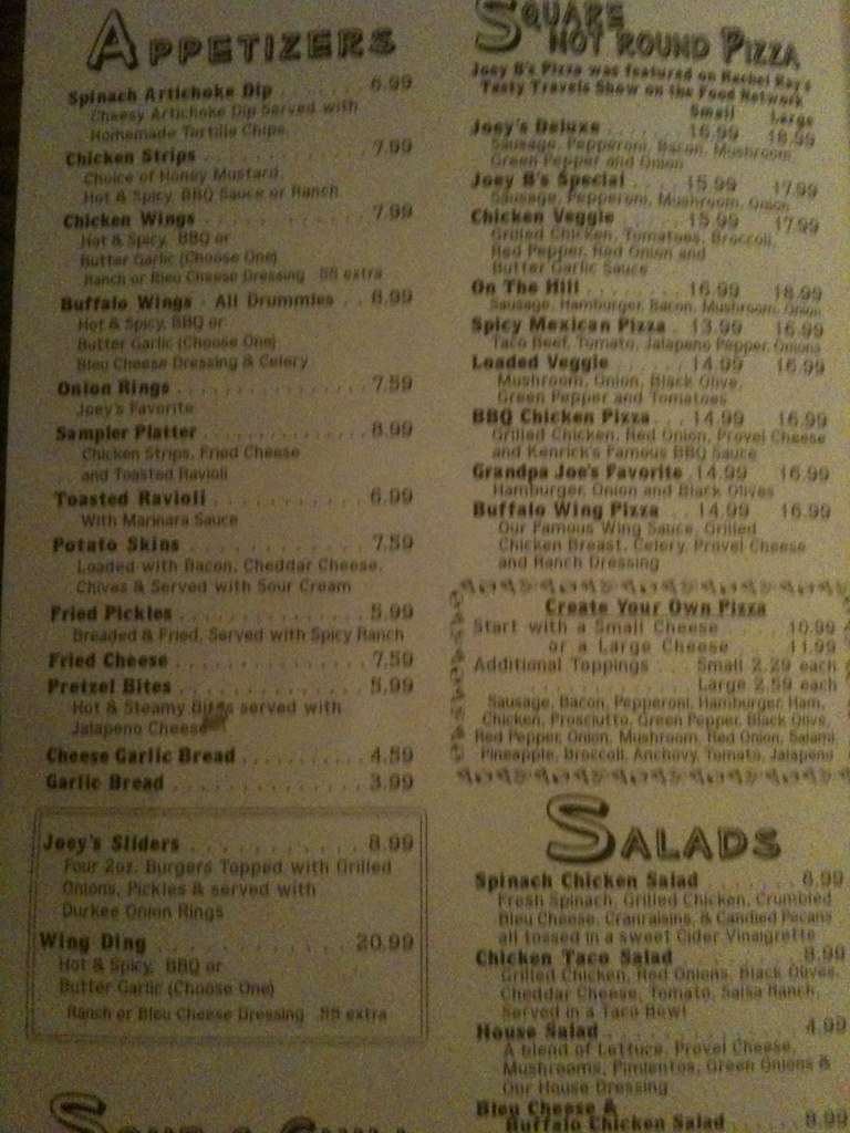 Joey B's on the Hill Menu Urbanspoon/Zomato