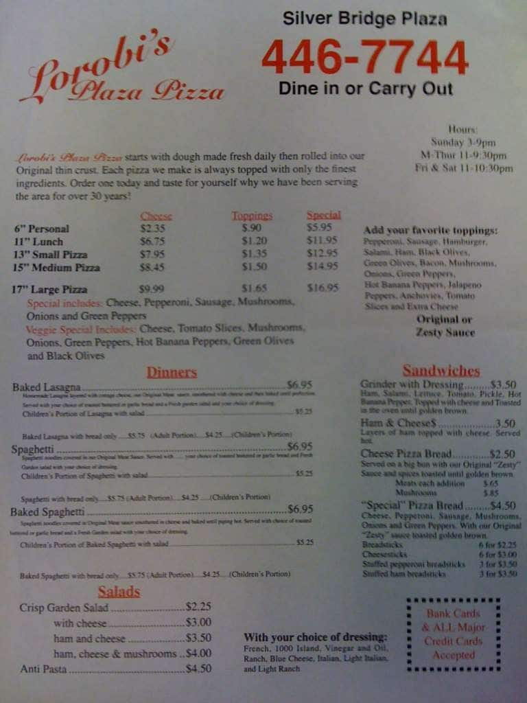 Lorobi's pizza menu