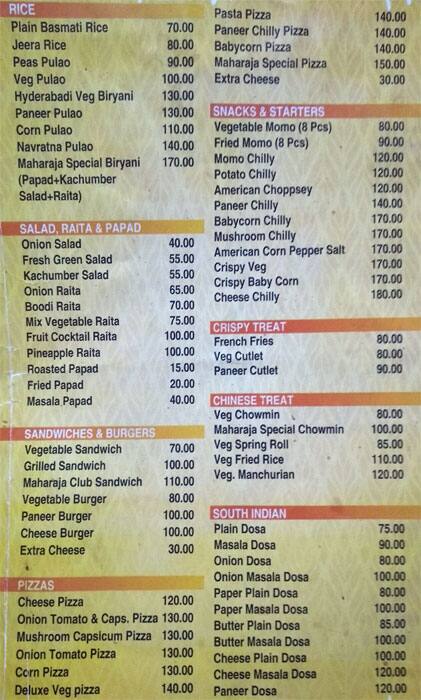 Menu at Shri Maharaja, Siliguri