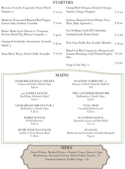 The Cavendish menu, Menu restauracji The Cavendish, Marylebone, London