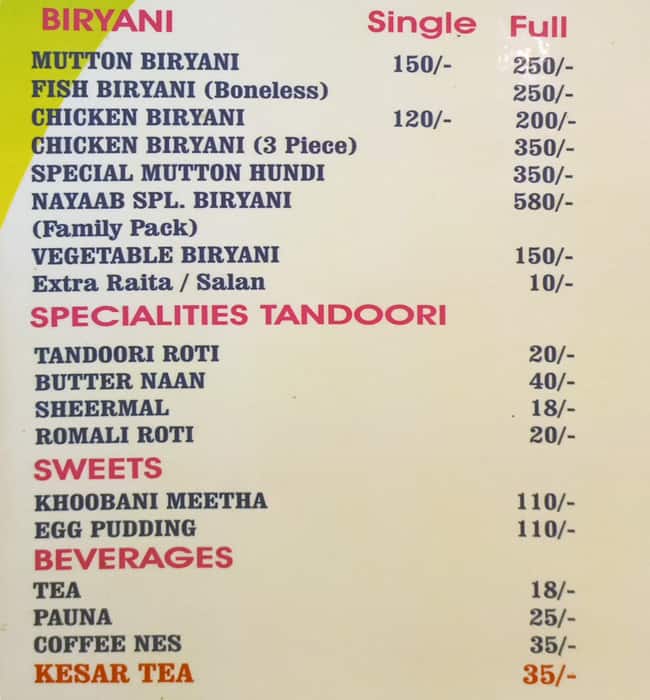 Hotel Nayaab menu