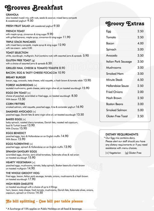 The Groove Train Menu, Menu for The Groove Train, Surfer's Paradise
