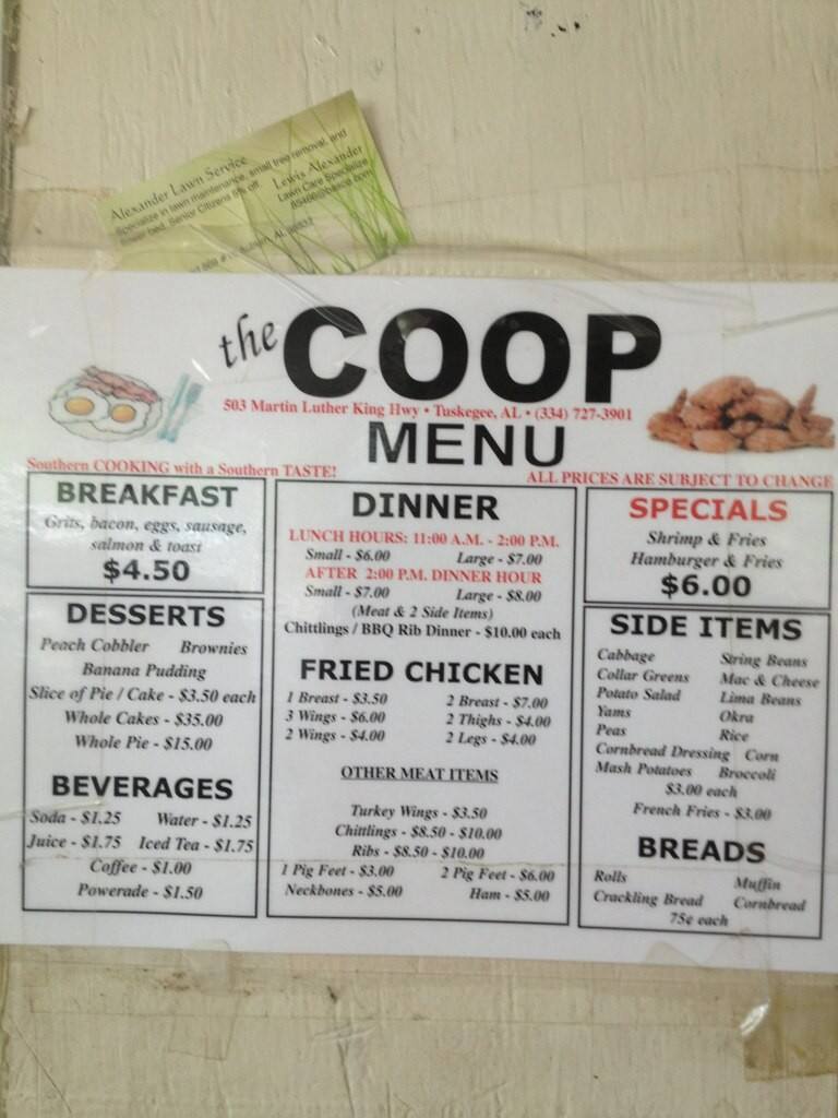 Coop Menu, Menu de Coop, Tuskegee, Tuskegee Urbanspoon/Zomato