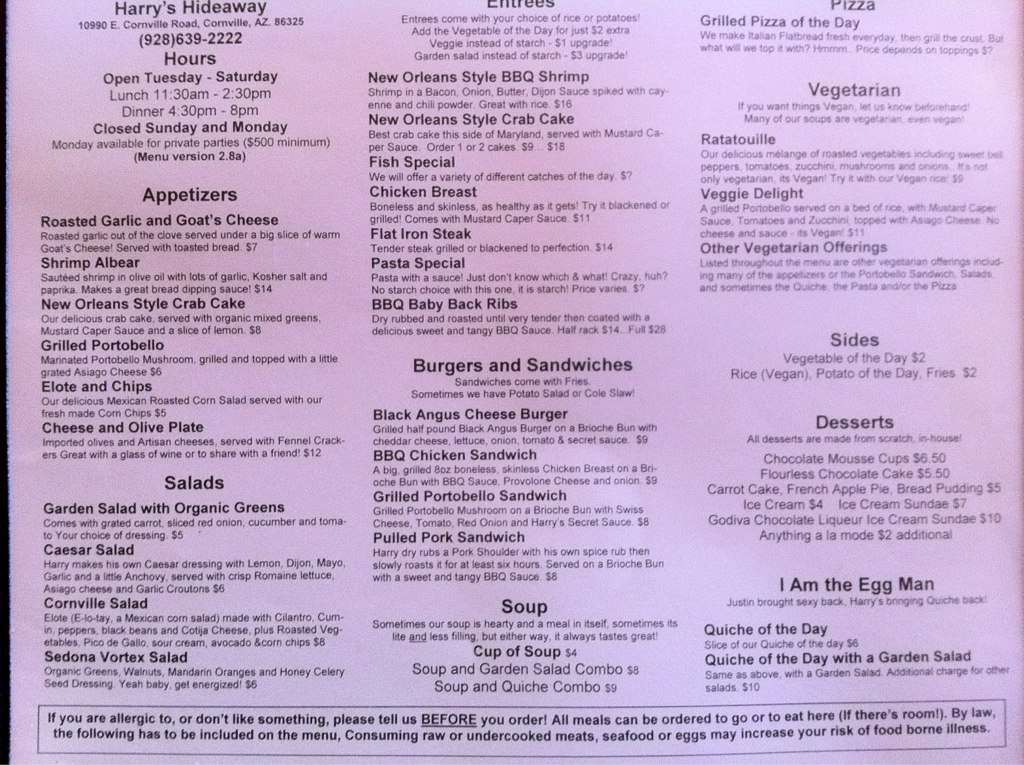 Harry's Hideaway Menu, Menu for Harry's Hideaway, Cornville, Cornville Urbanspoon/Zomato