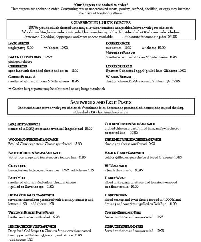 Menu at Woodsman restaurant, Philomath