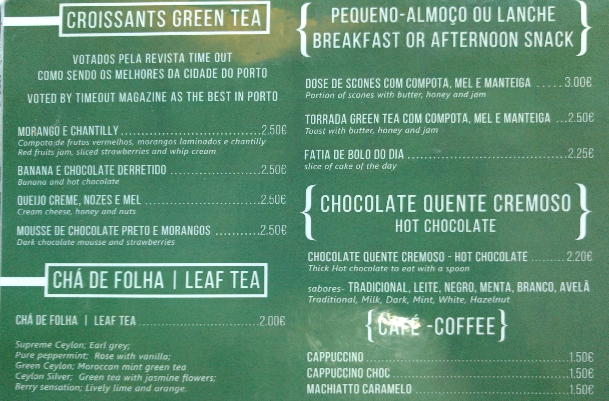 Menu at Green Tea cafe, Porto, Av. da França 104
