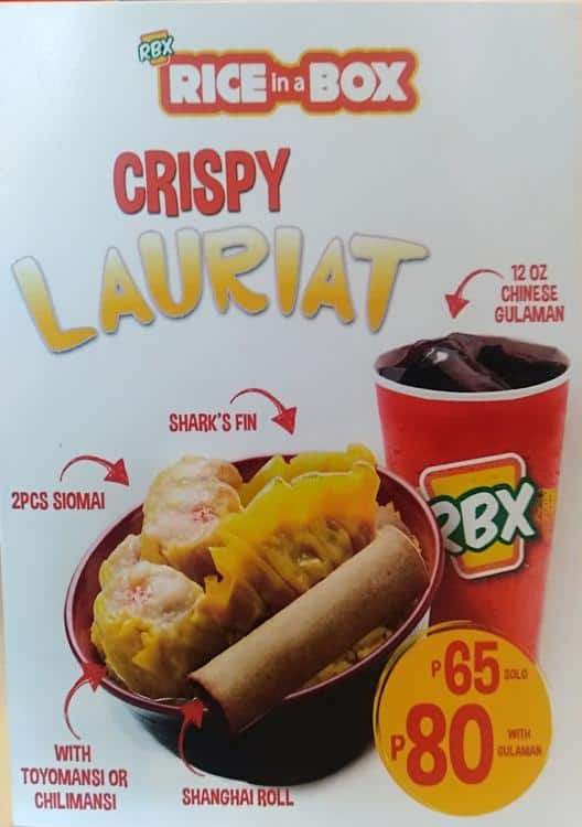 Menu at RBX Rice in a Box restaurant, San Juan, F. Blumentritt