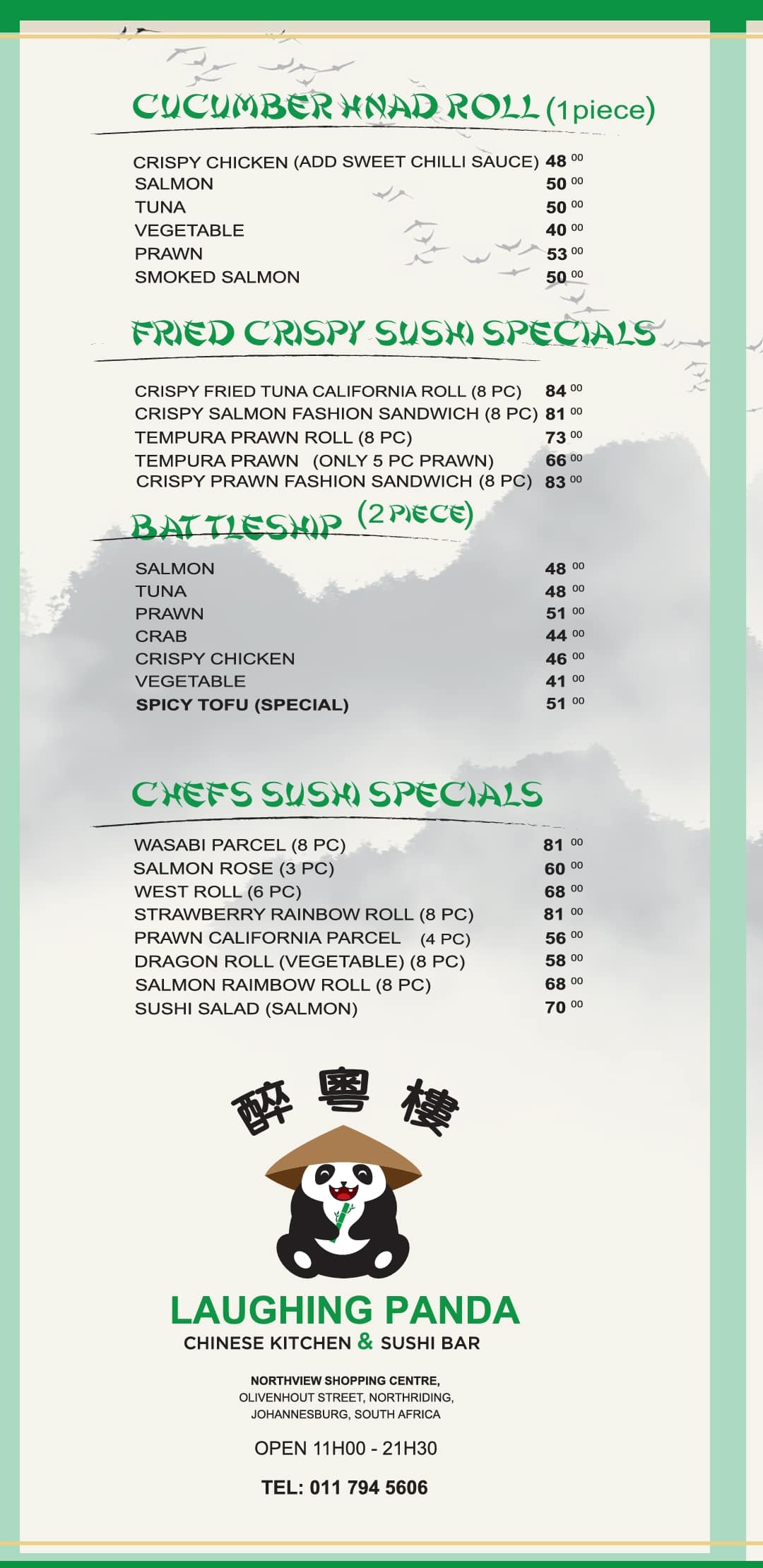 Menu at Laughing Panda restaurant, Randburg