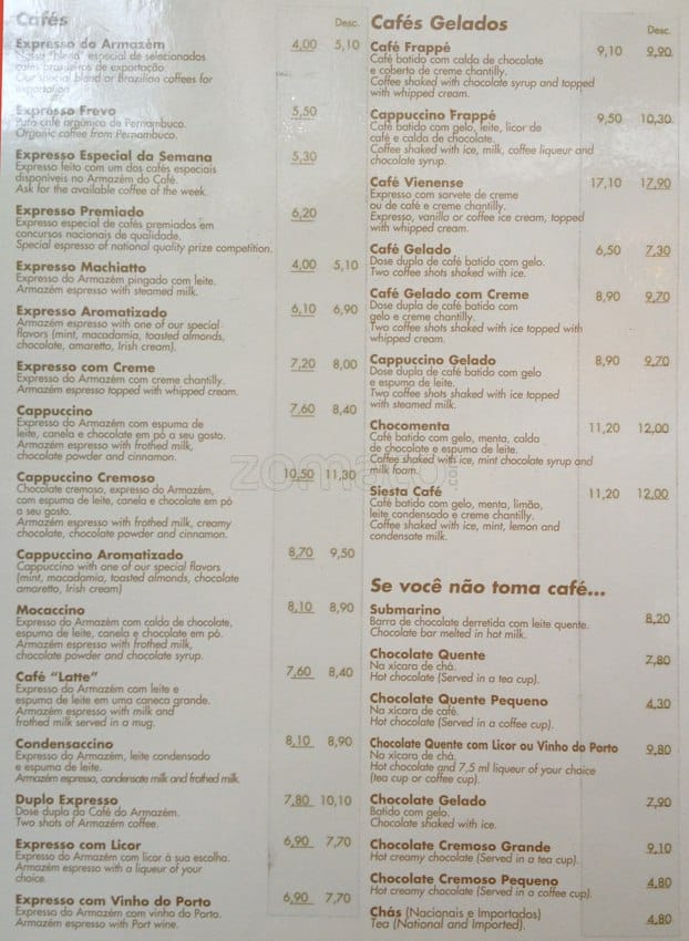 Armazém do Café cardápio