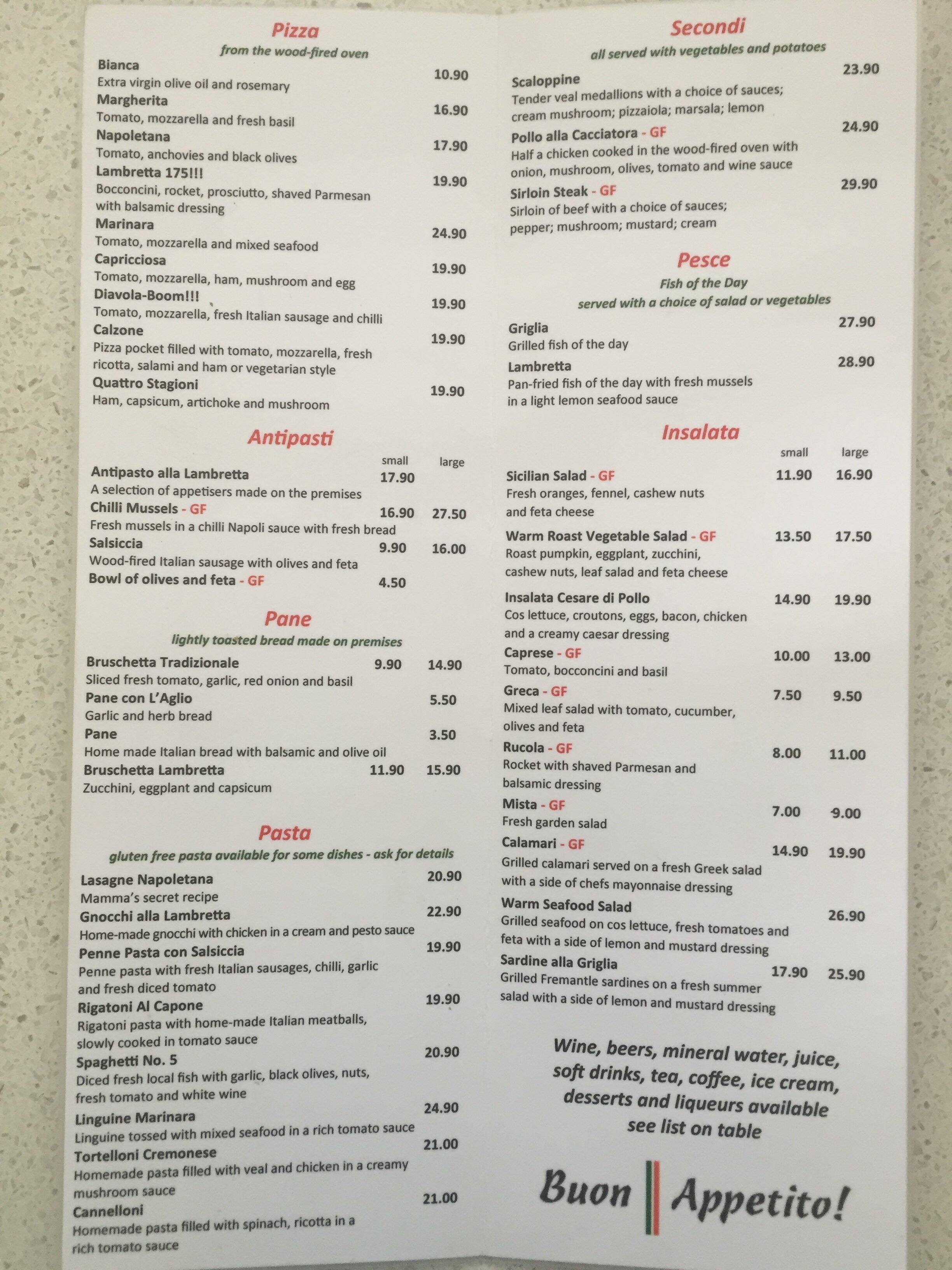 Lambretta Cucina Italiana Menu
