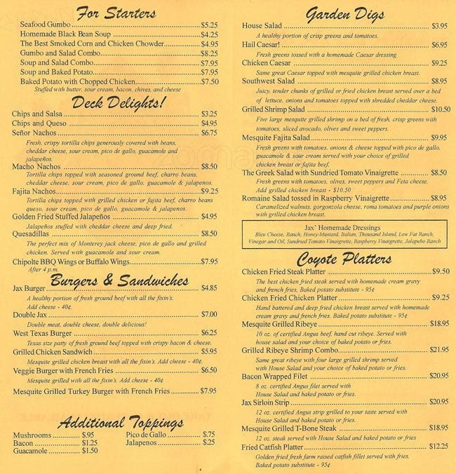 Menu at Jax Grill restaurant, Houston, Shepherd Dr