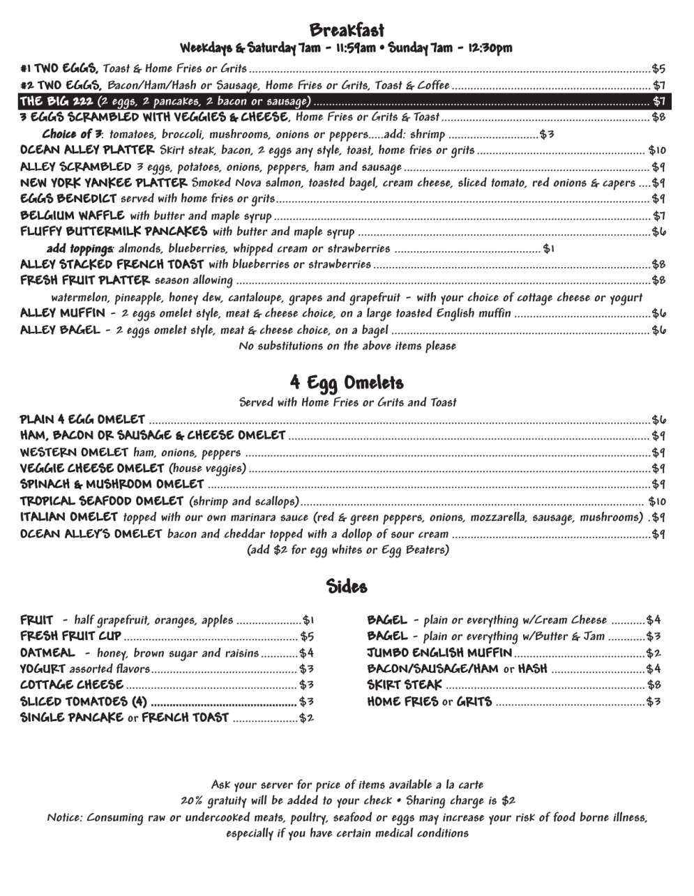 Menu at Ocean Alley Restaurant & Beach Bar, Hollywood