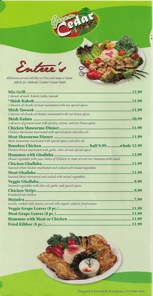 Menu at Green Cedar restaurant, Livonia