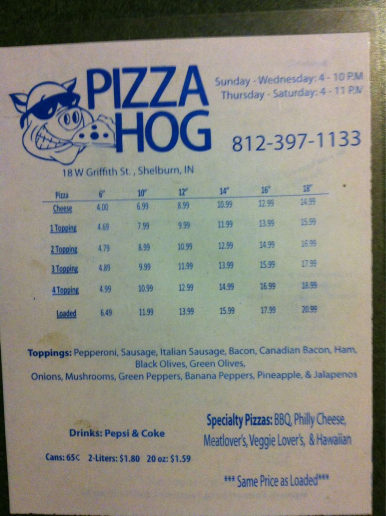 Menu at Pizza Hog pizzeria, Shelburn
