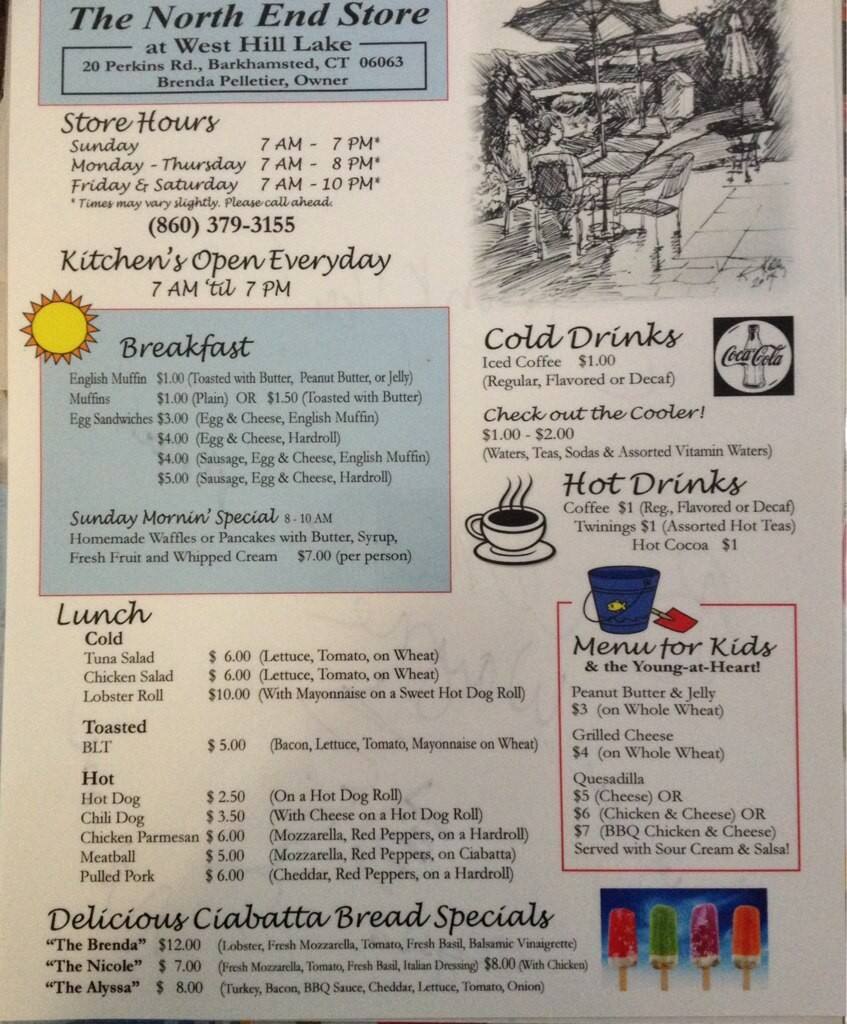 Menu at The North End Store cafe, Barkhamsted