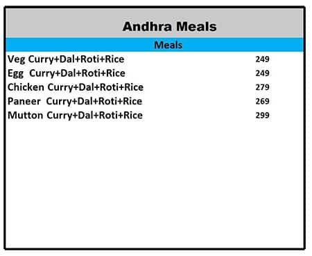 Menu of Andhra Meals, Electronic City, Bangalore