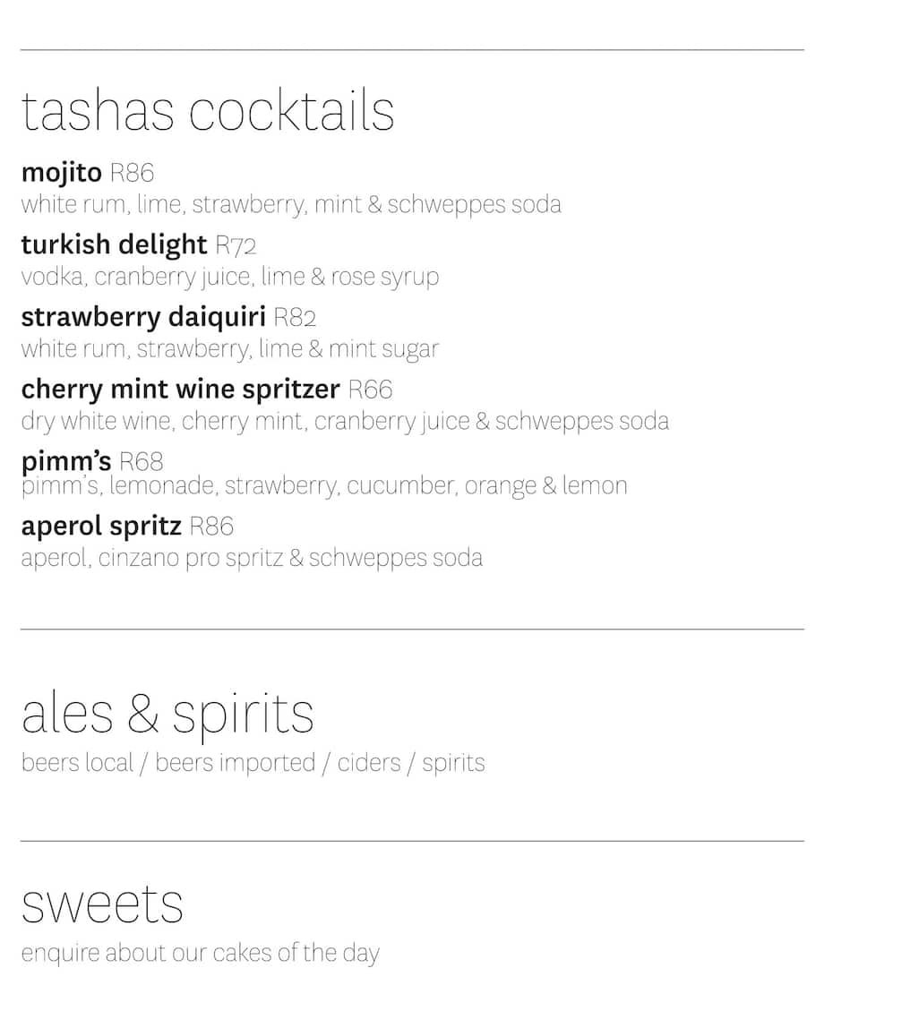 Menu at Tashas restaurant, Johannesburg, Nicolway Bryanston