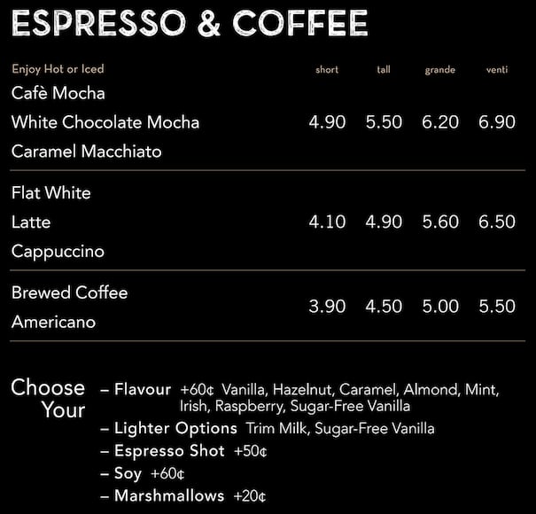 Starbucks Rotorua menu