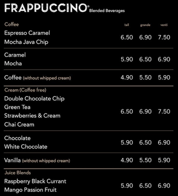 Starbucks Rotorua menu