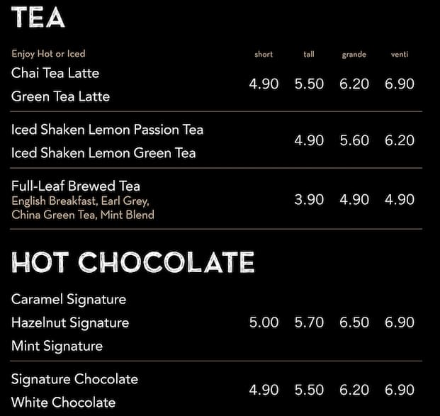 Starbucks Rotorua menu