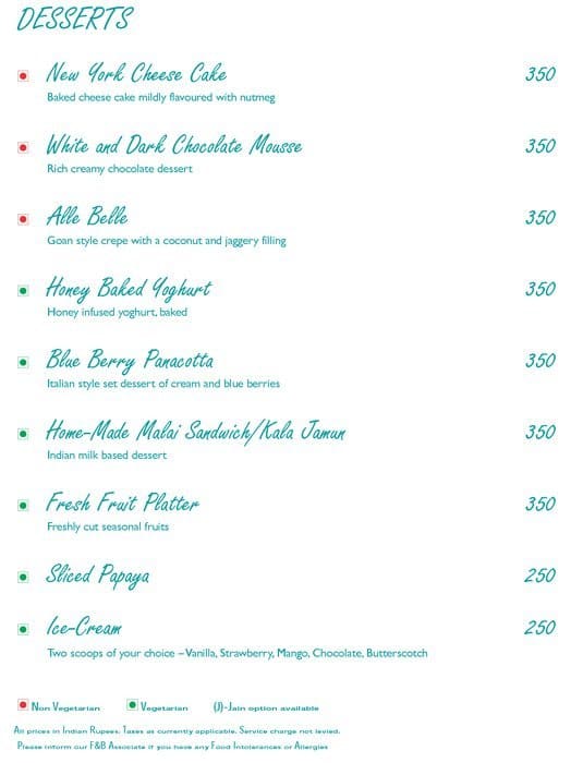 Laranja - Taj Cidade de Goa Heritage, Goa menu