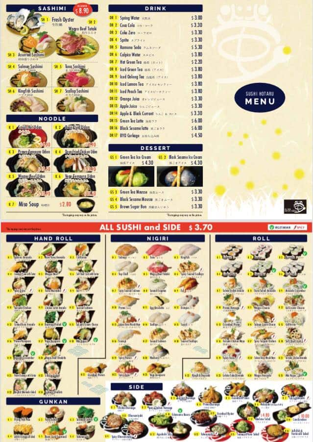 Menu at Sushi Hotaru restaurant, Melbourne, Midcity Arcade