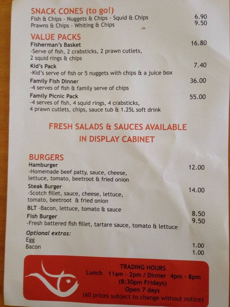 Menu at Cod Rocks fast food, Busselton