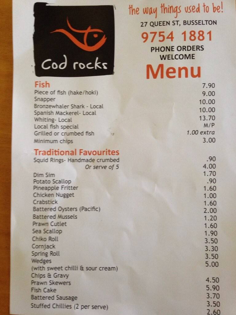 Menu at Cod Rocks fast food, Busselton