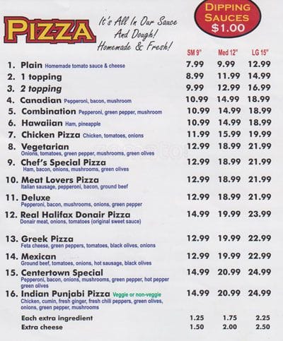 Centertown Donair & Pizza Menu - Urbanspoon/Zomato