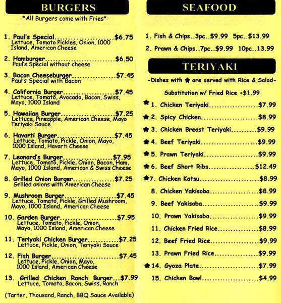 Paul's Burger Joint menu, Menu restauracji Paul's Burger Joint, Burien
