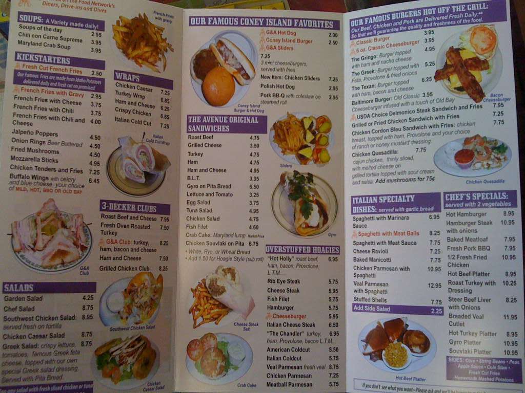 G & A Restaurant Menu, Menu podniku G & A Restaurant, Canton