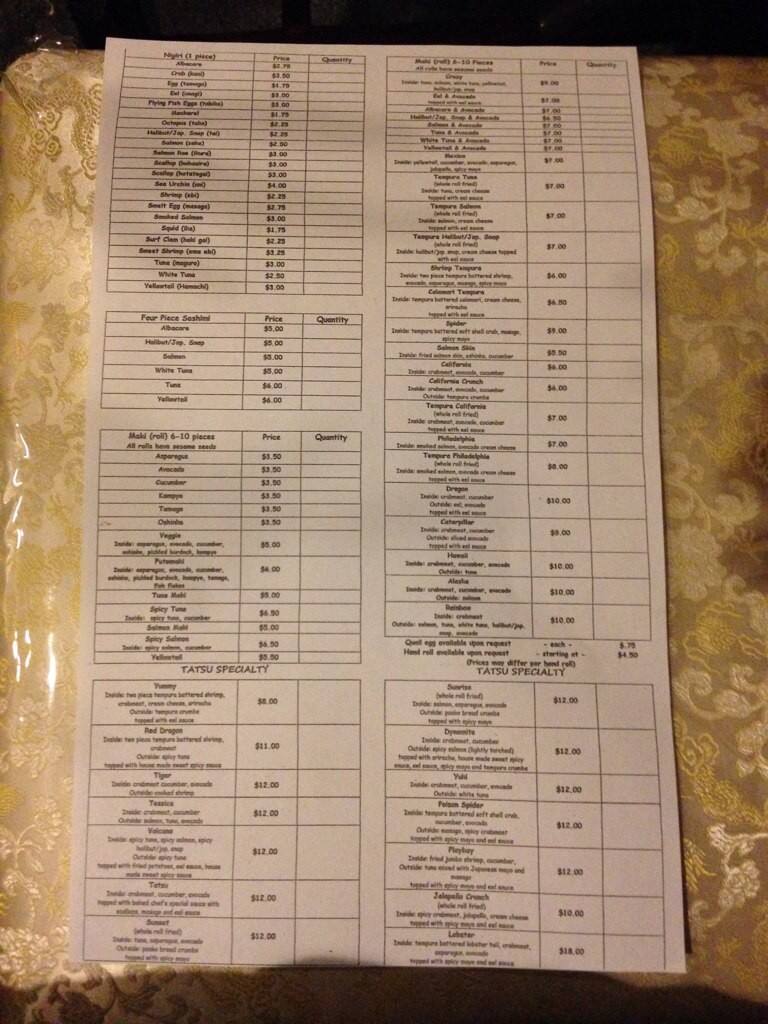Menu at Sushi Tatsu restaurant, Fairview Heights