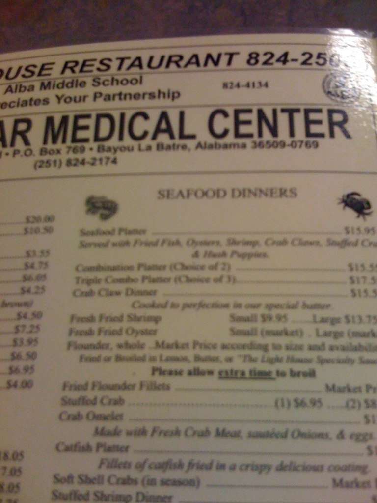 Menu at Lighthouse Restaurant, Bayou La Batre, Padgett Switch Rd