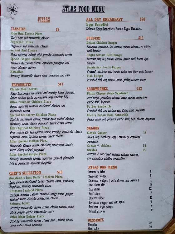 Atlas Bar and Eatery Menu, Menu for Atlas Bar and Eatery, Karangahape