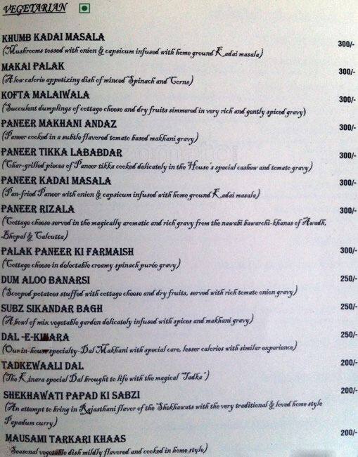 Menu at Kinara, Bhopal, Shamla Hills
