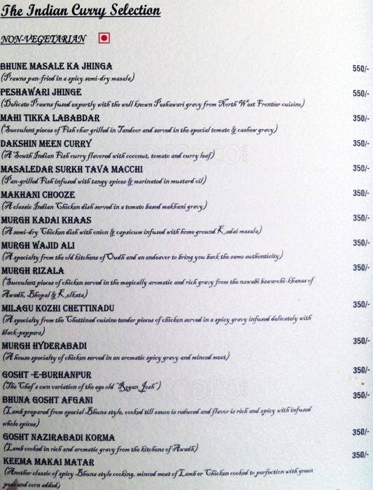Menu at Kinara, Bhopal, Shamla Hills