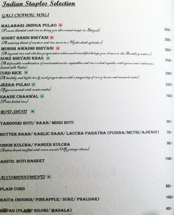 Menu at Kinara, Bhopal, Shamla Hills