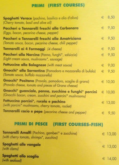 Menu da Amalfi pizzeria, Roma