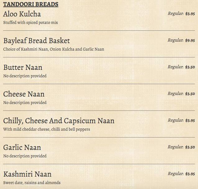 Menu at Bay Leaf restaurant, Tarragindi