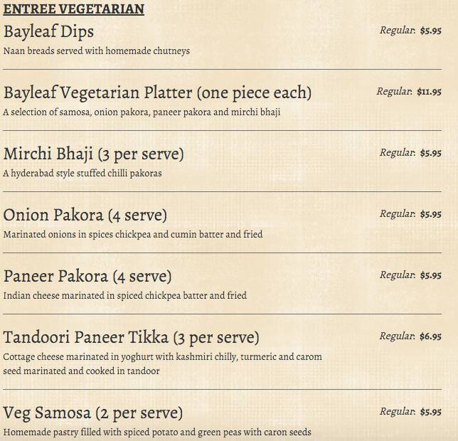 Menu at Bay Leaf restaurant, Tarragindi