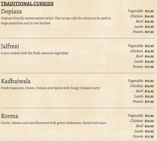 Menu at Bay Leaf restaurant, Tarragindi