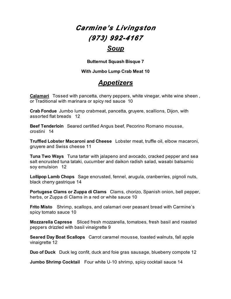 Carmines of Livingston Menu, Menu for Carmines of Livingston
