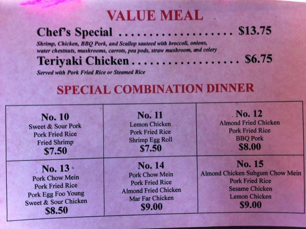 Menu at Tin Sing restaurant, Junction City