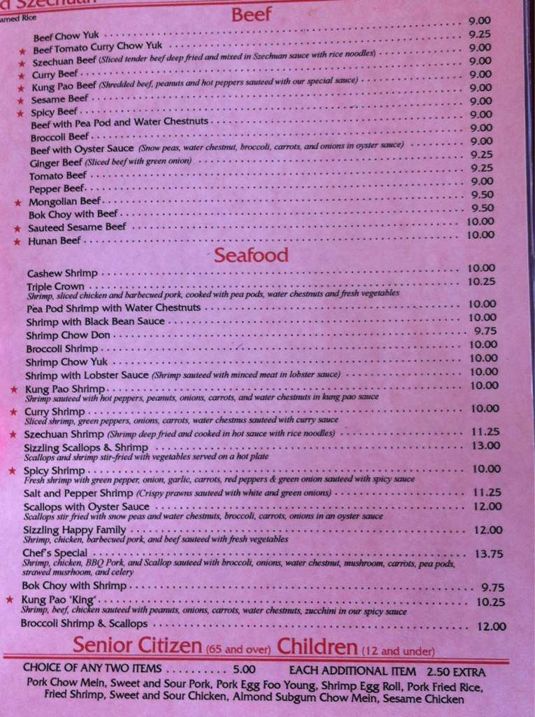 Menu at Tin Sing restaurant, Junction City
