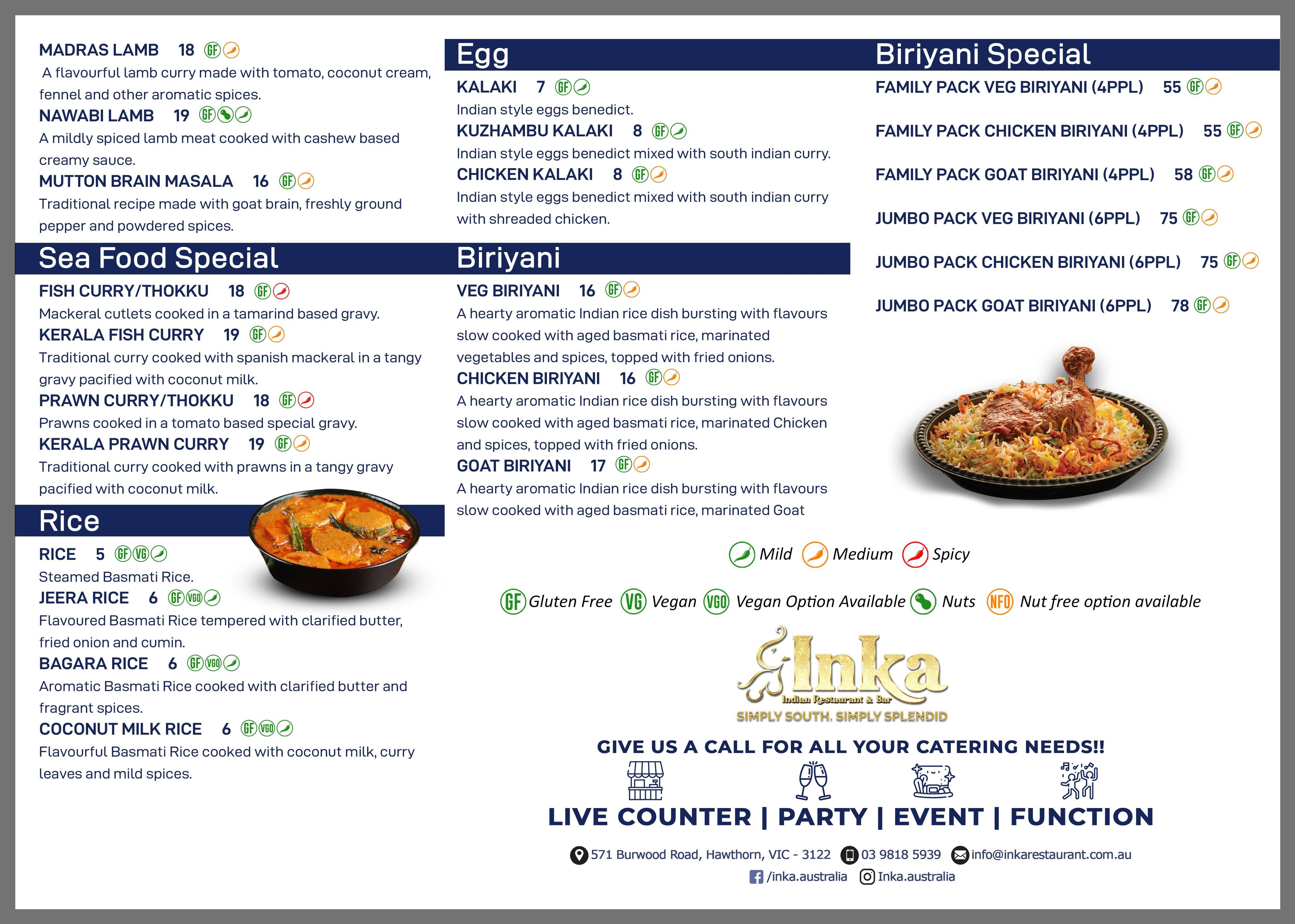 Inka Indian Restaurant Bar Menu