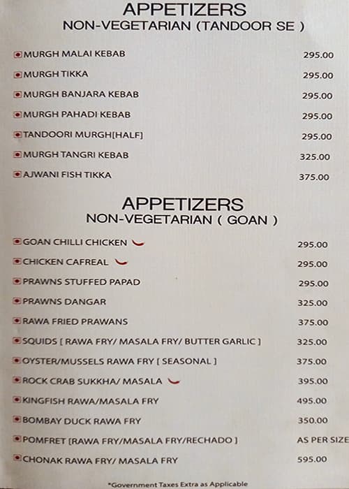 Menu of The Basil Leaf Porvorim Goa