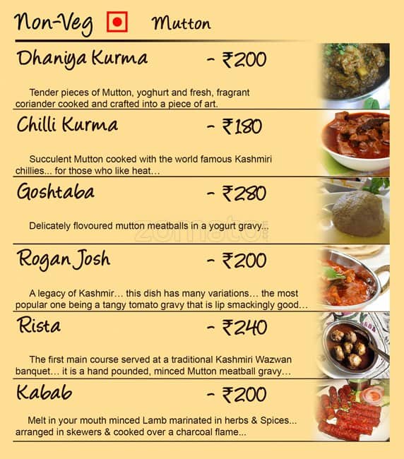 The Kashmiri Wazwan Menu, Menu for The Kashmiri Wazwan, Jayanagar