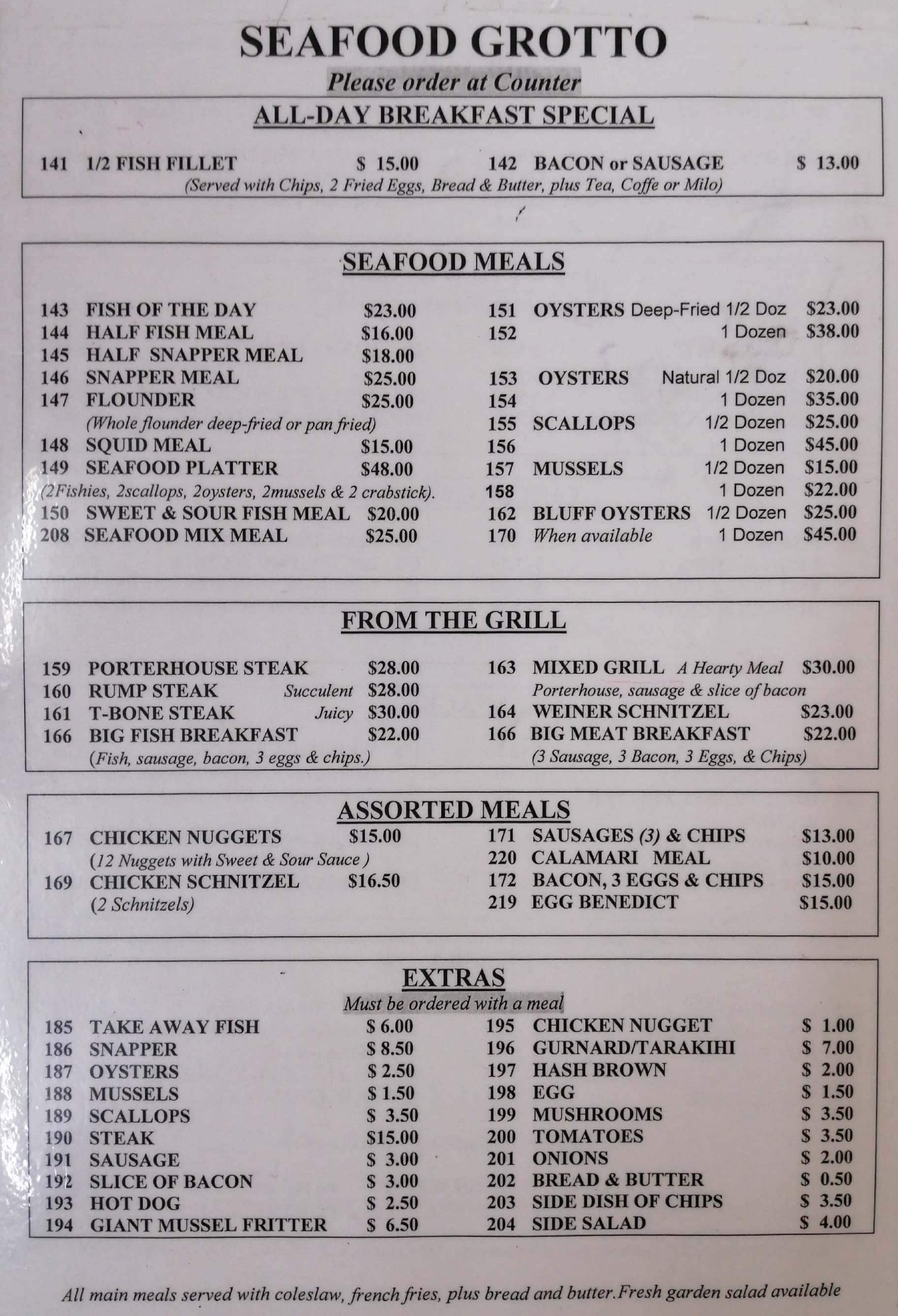Menu at Seafood Grotto restaurant, Hamilton