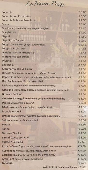 Menu di bisteccheria 4 venti 