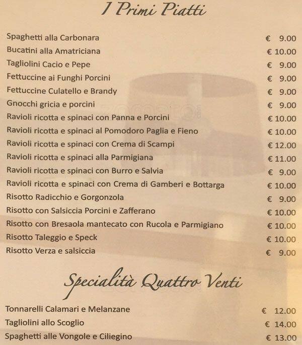 Menu di bisteccheria 4 venti 